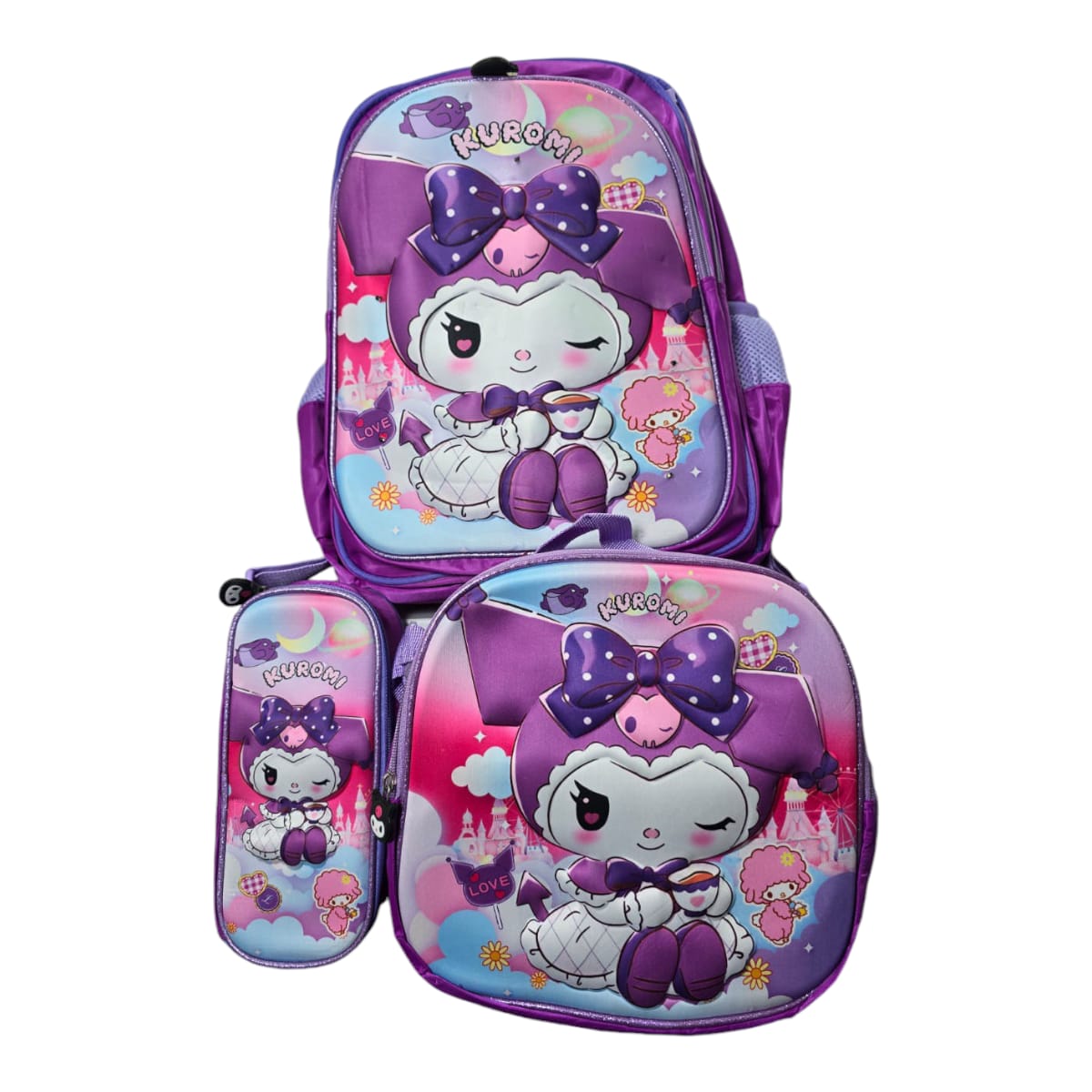 Mochila Escolar Lapicera Lonchera Térmica 3piezas Mochilas Para Niños Primaria Con Gran Capacidad Dibujo 3D Kuromi