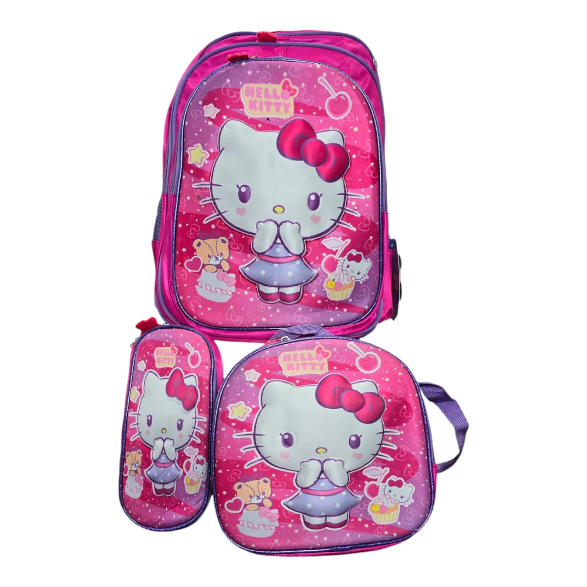 Mochila Escolar Lapicera Lonchera Térmica 3piezas Mochilas Para Niños Primaria Con Gran Capacidad Dibujo 3D Hello Kitty