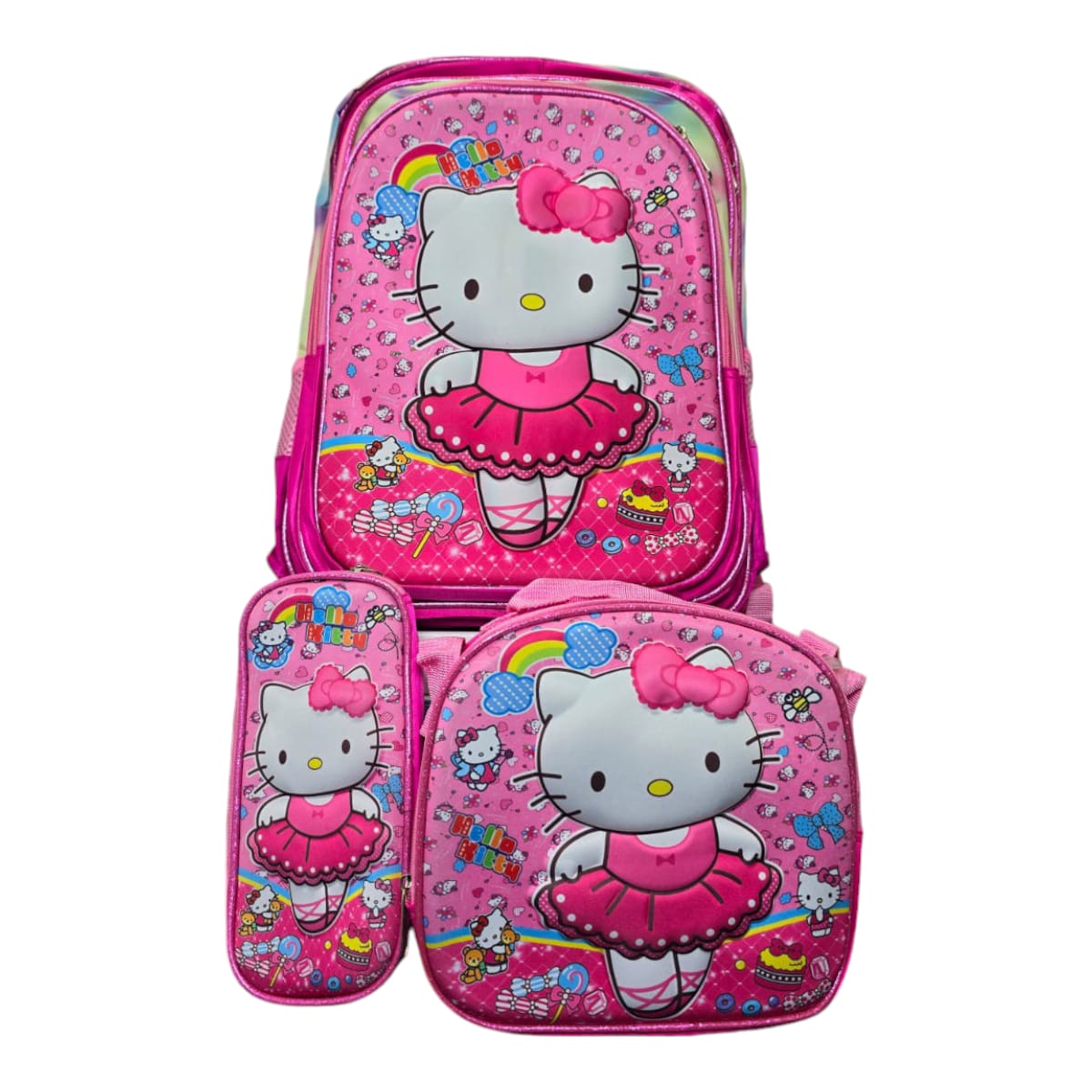Mochila Escolar Lapicera Lonchera Térmica 3piezas Mochilas Para Niños Primaria Con Gran Capacidad Dibujo 3D Hello Kitty