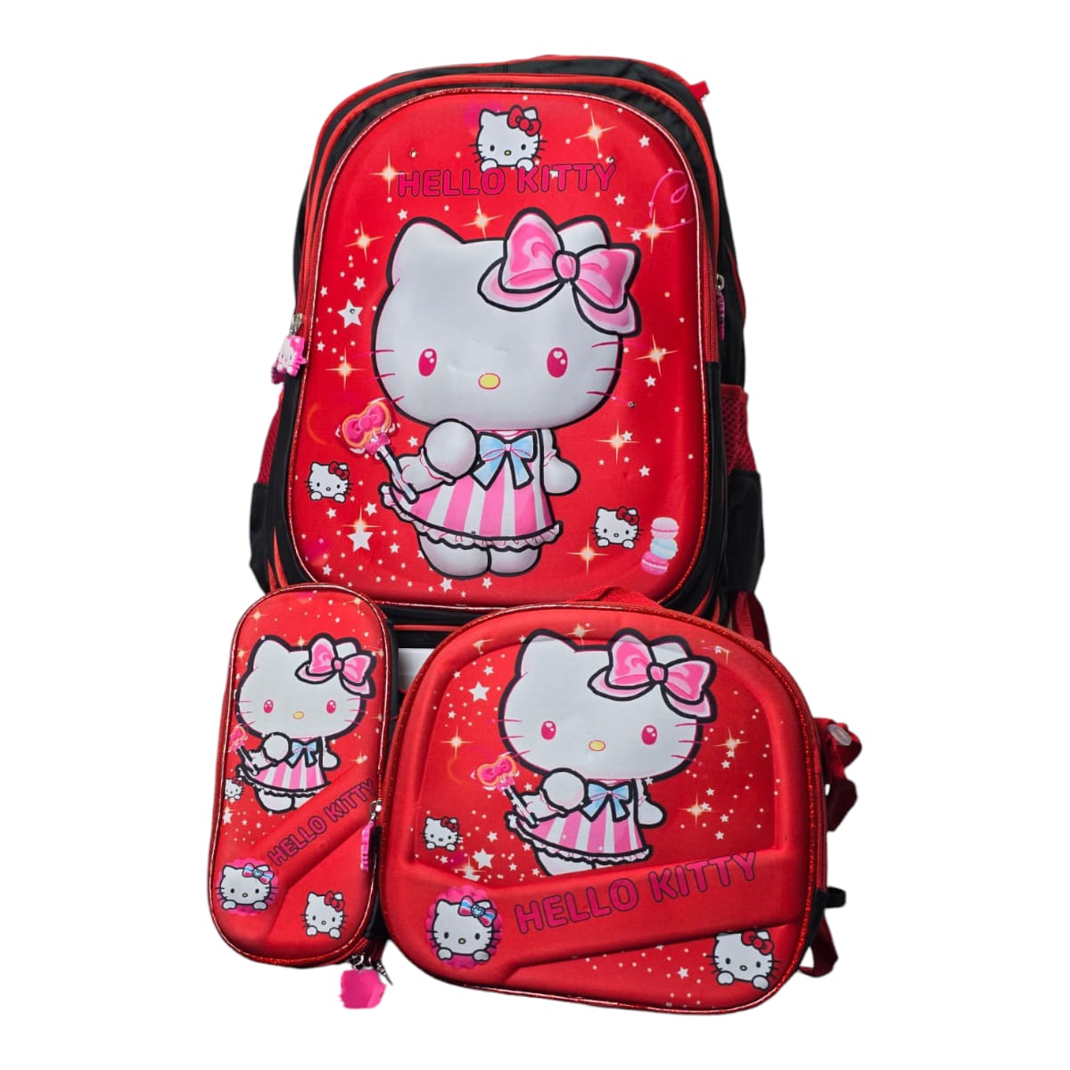 Mochila Escolar Lapicera Lonchera Térmica 3piezas Mochilas Para Niños Primaria Con Gran Capacidad Dibujo 3D Hello Kitty