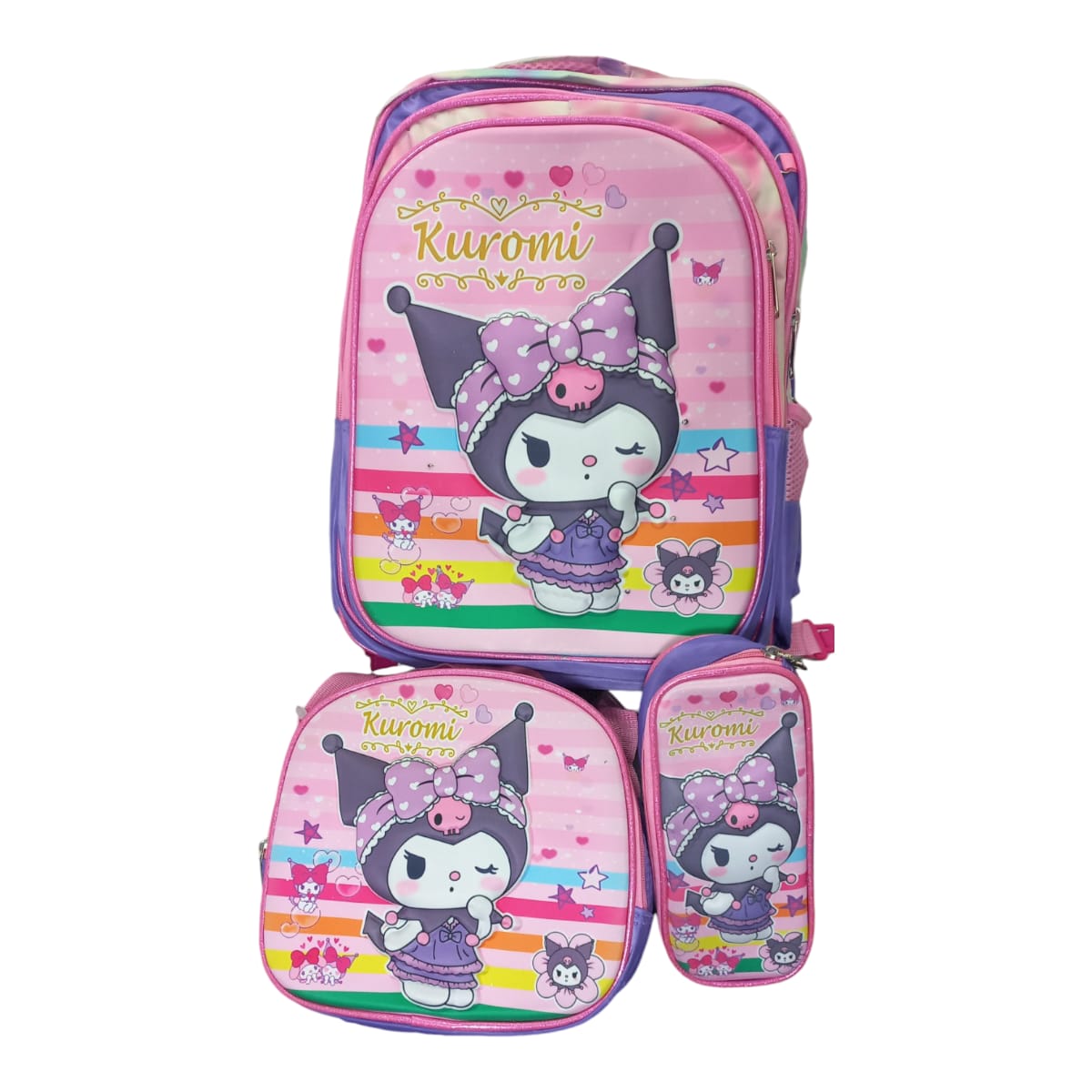 Mochila Escolar Lapicera Lonchera Térmica 3piezas Mochilas Para Niños Primaria Con Gran Capacidad Dibujo 3D Kuromi