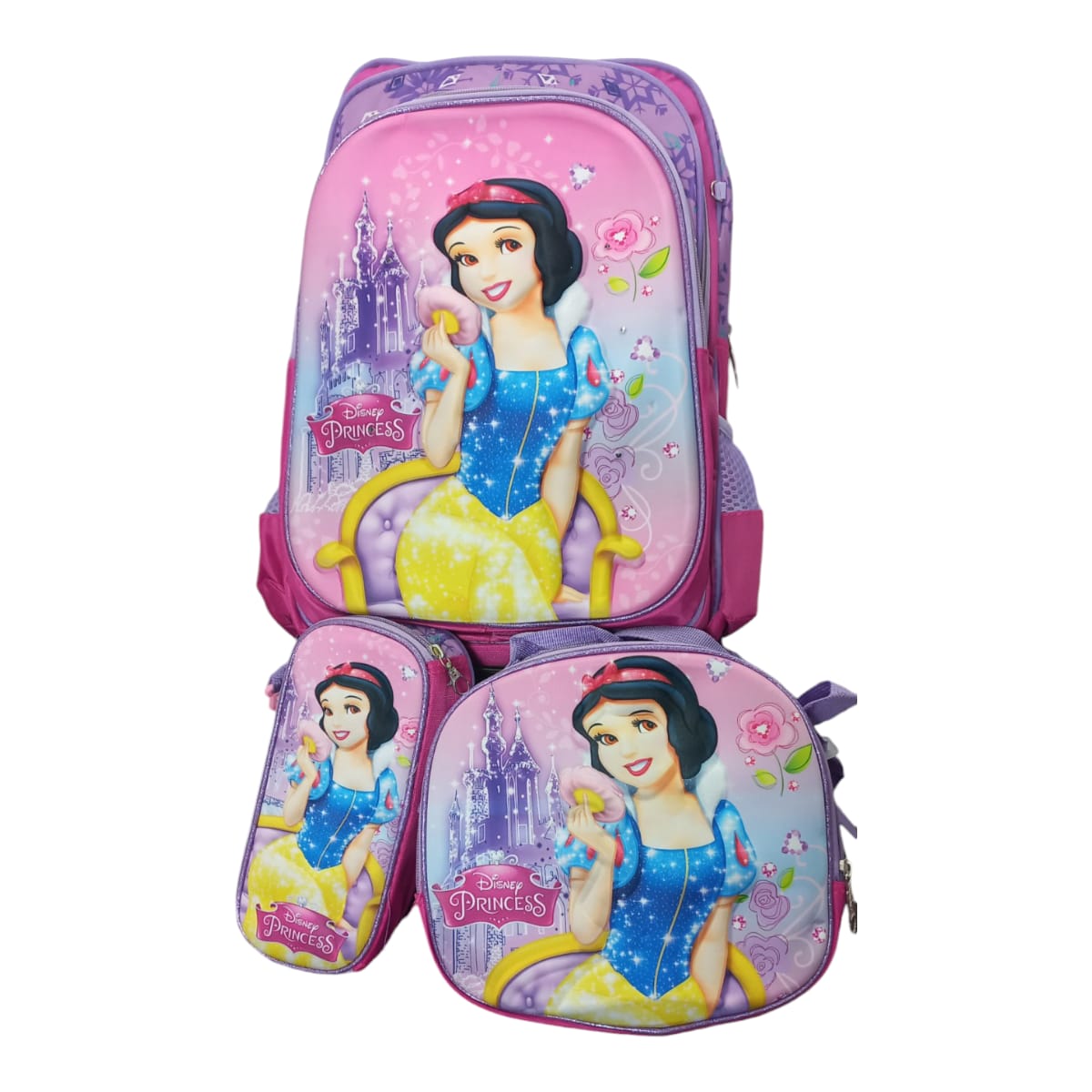 Mochila Escolar Lapicera Lonchera Térmica 3piezas Mochilas Para Niños Primaria Con Gran Capacidad Dibujo 3D Princesas Disney