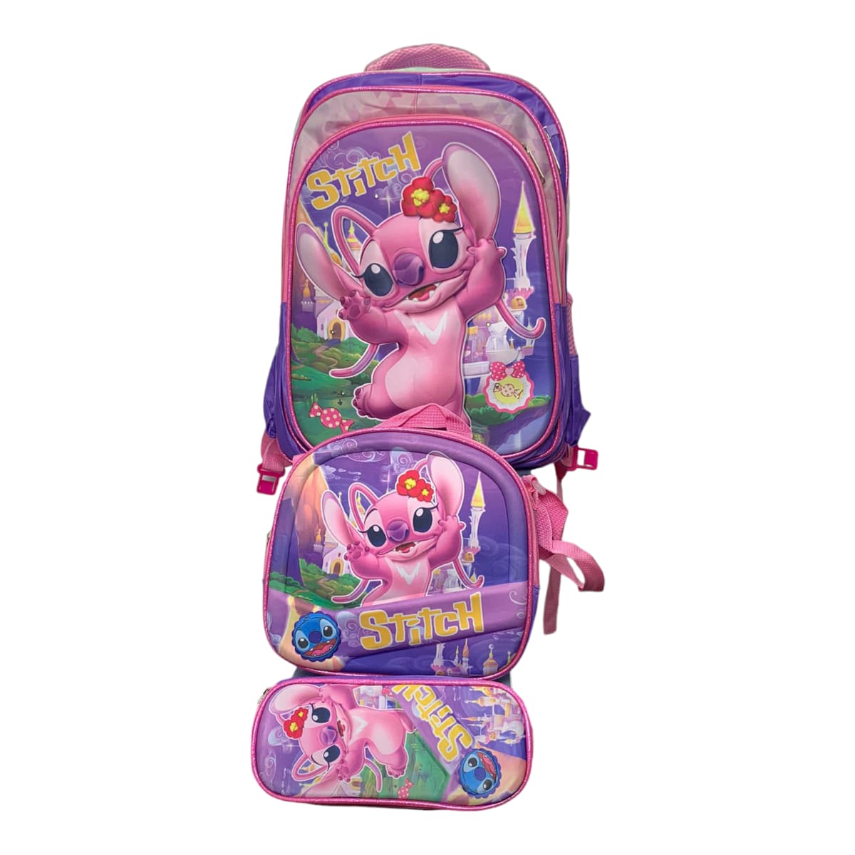Mochila Escolar Lapicera Lonchera Térmica 3piezas Mochilas Para Niños Primaria Con Gran Capacidad Dibujo 3D Lilo y Stitch