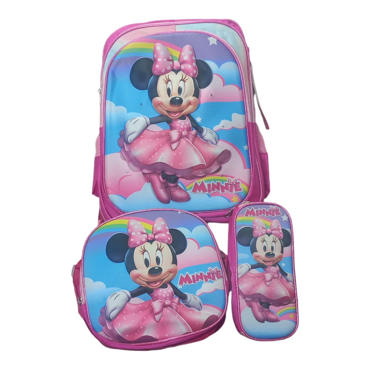 Mochila Escolar Lapicera Lonchera Térmica 3piezas Mochilas Para Niños Primaria Con Gran Capacidad Dibujo 3D Minnie