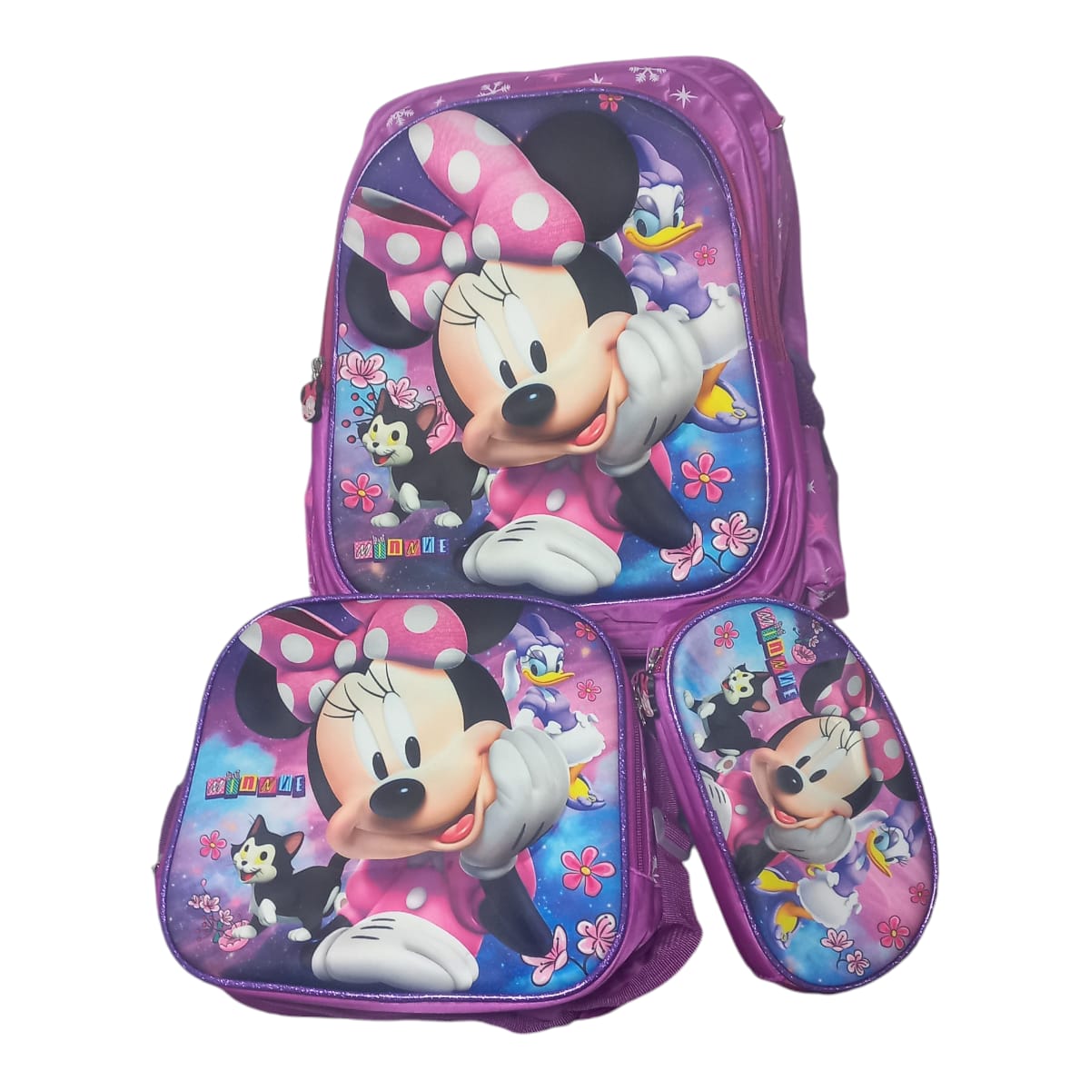 Mochila Escolar Lapicera Lonchera Térmica 3piezas Mochilas Para Niños Primaria Con Gran Capacidad Dibujo 3D Minnie