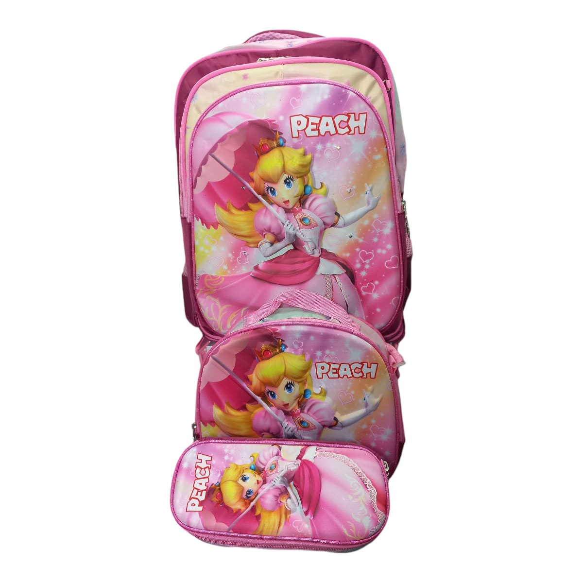 Mochila Escolar Lapicera Lonchera Térmica 3piezas Mochilas Para Niños Primaria Con Gran Capacidad Dibujo 3D Peach